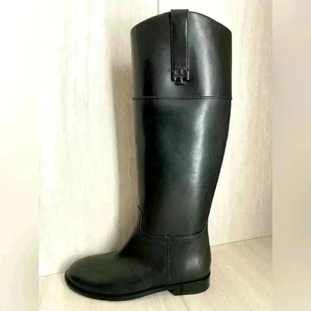 NEW Tory Burch Double T Black Leather Riding Boot Women’s Size 6M